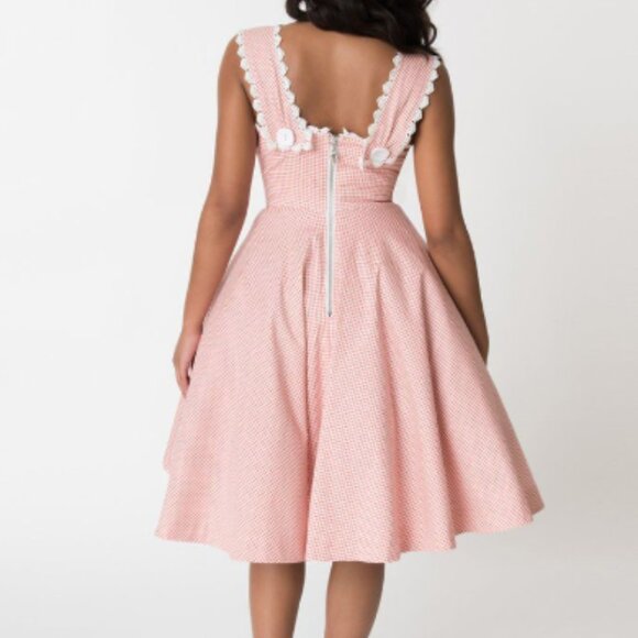 Unique Vintage Barbie swing dress red white gingham print pockets button strap S - Picture 2 of 5